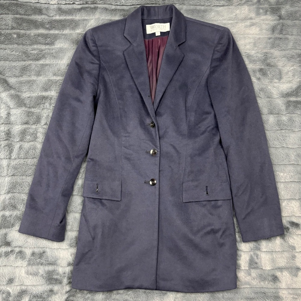 Worth Petite Navy Blue Wool Cashmere Longline Blazer Jacket Size 2P Made in USA